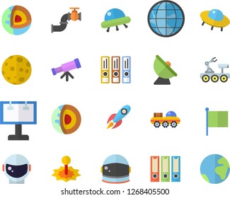 Color flat icon set main pipeline flat vector, satellite antenna, laser, billboard, rocket, earth, flag, moon, lunar rover, ufo, telescope, folders for papers, core of the fector, astronaut helmet