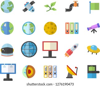 Color flat icon set main pipeline flat vector, tree leaf, earth, satellite antenna, billboard, rocket, flag, moon, satellit, ufo, telescope, folders for papers, core of the fector, astronaut helmet