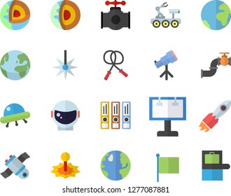 Color flat icon set main pipeline flat vector, earth, laser, billboard, rocket, flag, satellit, lunar rover, ufo, telescope, folders for papers, core of the fector, astronaut helmet, skipping rope