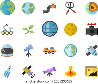 Color flat icon set main pipeline flat vector, tree leaf, earth, laser, rocket, moon, satellit, lunar rover, telescope, core of the fector, astronaut helmet, skipping rope, gallery