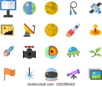 Color flat icon set main pipeline flat vector, tree leaf, earth, satellite antenna, laser, billboard, rocket, flag, moon, satellit, ufo, telescope, core of the fector, astronaut helmet, gallery