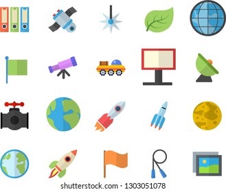 Color flat icon set main pipeline flat vector, tree leaf, earth, satellite antenna, laser, billboard, rocket, flag, moon, satellit, lunar rover, telescope, folders for papers, skipping rope, gallery