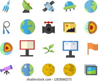Color flat icon set main pipeline flat vector, tree leaf, earth, satellite antenna, billboard, flag, rocket, moon, satellite, ufo, telescope, skipping rope, gallery