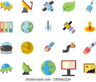 Color flat icon set main pipeline flat vector, tree leaf, satellite antenna, laser, billboard, rocket, earth, moon, satellit, ufo, folders for papers, astronaut helmet fector, gallery