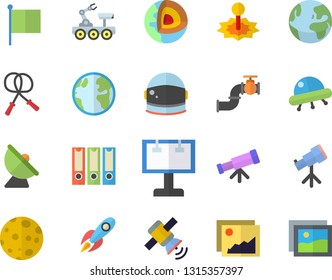 Color flat icon set main pipeline flat vector, earth, satellite antenna, laser, billboard, rocket, flag, moon, satellit, lunar rover, ufo, telescope, folders for papers, core of the fector, gallery