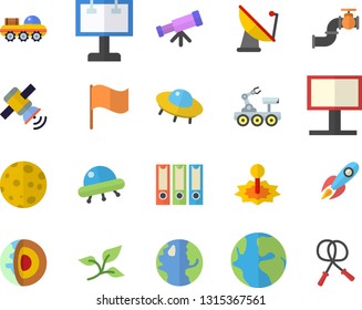 Color flat icon set main pipeline flat vector, tree leaf, earth, satellite antenna, laser, billboard, rocket, flag, moon, satellit, lunar rover, ufo, telescope, folders for papers, skipping rope