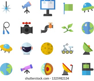 Color flat icon set main pipeline flat vector, tree leaf, earth, satellite antenna, laser, billboard, flag, moon, lunar rover, ufo, telescope, core of the fector, astronaut helmet, skipping rope