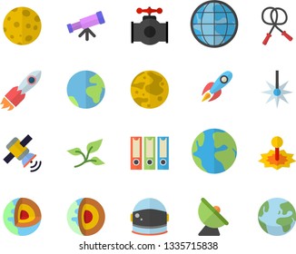 Color flat icon set main pipeline flat vector, tree leaf, satellite antenna, laser, rocket, earth, moon, satellit, telescope, folders for papers, core of the fector, astronaut helmet, skipping rope