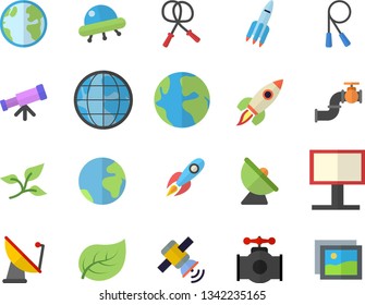 Color flat icon set main pipeline flat vector, tree leaf, earth, satellite antenna, billboard, rocket, satellit, ufo, telescope, skipping rope, fector, gallery