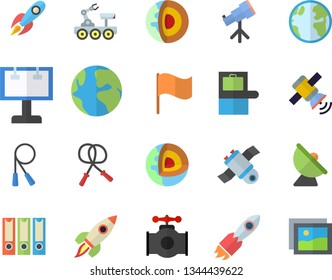 Color flat icon set main pipeline flat vector, earth, satellite antenna, billboard, rocket, flag, satellit, lunar rover, telescope, folders for papers, core of the fector, skipping rope, gallery