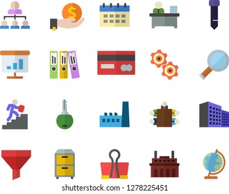 Color flat icon set manufactory flat vector, plant, funnel, credit card, investments, chart, office building, folder, worker, meeting, tie, hierarchy, archive, career ladder, magnifier, cogwheel