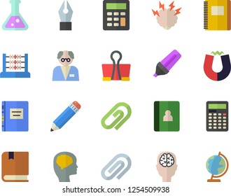 Color flat icon set marker flat vector, clip, abacus, calculator, ink pen, pencil, flask, textbook, magnet, brainstorm, notebook, scientist, brain fector, binder, globe