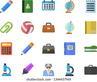 Color flat icon set marker flat vector, calendar, microscope, briefcase, notebook, pencil, stapler, notepad, globe, textbook, scientist, calculator, volleyball, clip, case