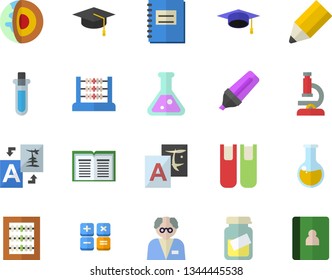 Color flat icon set marker flat vector, calculator, medical analysis, notebook, abacus, pencil, book, flask, microscope, bachelor cap, scientist, beakers, core of the earth fector, translate