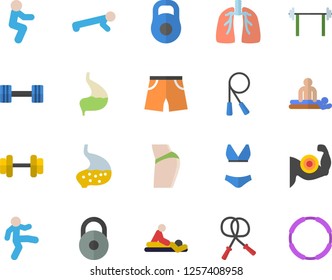 Color flat icon set massage flat vector, stomach, lungs, dumbbell, barbell, weight, muscles, buttocks, skipping rope, athletic shorts, swimsuit, gymnastics, squats, push up, hoop