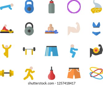 Color flat icon set massage flat vector, stomach, dumbbell, barbell, weight, muscles, sports pear, athletic shorts, swimsuit, squats, push up, gymnastics, run, hoop