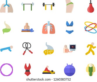 Color flat icon set massage flat vector, diagnostics, stomach, lungs, barbell, buttocks, skipping rope, sports pear, fitball, swimsuit, push up, run, hoop, lose weight