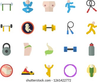 Color flat icon set massage flat vector, embryo, breast, stomach, dumbbell, barbell, weight, buttocks, skipping rope, sports pear, yoga, gymnastics, run, hoop, lose