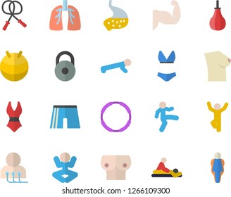 Color flat icon set massage flat vector, diagnostics, breast, stomach, lungs, weight, muscles, skipping rope, sports pear, athletic shorts, fitball, swimsuit, yoga, gymnastics, push up, hoop, size