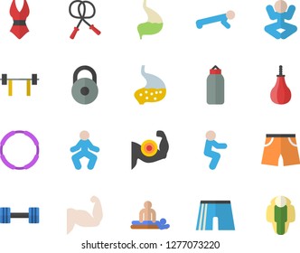 Color flat icon set massage flat vector, stomach, dumbbell, barbell, weight, muscles, skipping rope, sports pear, athletic shorts, swimsuit, yoga, gymnastics, squats, push up, hoop, lose