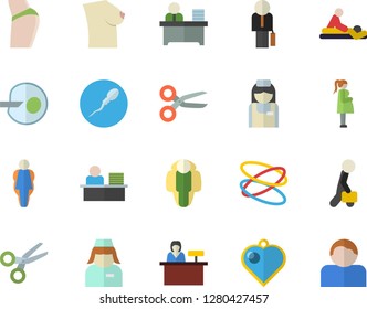 Color flat icon set massage flat vector, gestation, nurse, breast, sperm, artificial insemination, office worker, businessman, buttocks, hoop, size, lose weight, reception desk fector, heart pendant