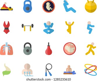 Color flat icon set massage flat vector, diagnostics, embryo, stomach, lungs, barbell, weight, skipping rope, sports pear, fitball, swimsuit, yoga, squats, swing press, gymnastics, run, hoop