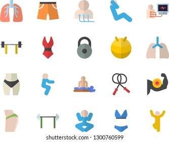 Color flat icon set massage flat vector, diagnostics, lungs, barbell, weight, muscles, buttocks, waistline, skipping rope, athletic shorts, fitball, swimsuit, yoga, squats, swing press, gymnastics