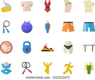 Color flat icon set massage flat vector, embryo, breast, stomach, barbell, weight, buttocks, waistline, skipping rope, athletic shorts, fitball, swimsuit, yoga, gymnastics, run, size, lose