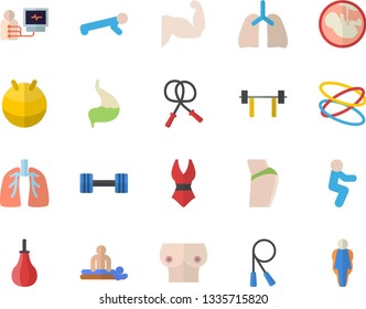 Color flat icon set massage flat vector, diagnostics, embryo, breast, stomach, lungs, dumbbell, barbell, muscles, buttocks, skipping rope, sports pear, fitball, swimsuit, squats, push up, hoop, size