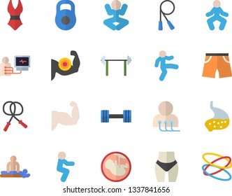 Color flat icon set massage flat vector, diagnostics, embryo, stomach, dumbbell, barbell, weight, muscles, waistline, skipping rope, athletic shorts, swimsuit, yoga, gymnastics, squats, hoop