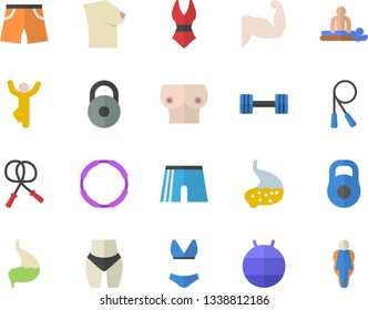 Color flat icon set massage flat vector, breast, stomach, dumbbell, weight, muscles, waistline, skipping rope, athletic shorts, fitball, swimsuit, gymnastics, hoop, size