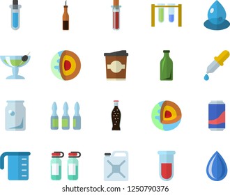 Color flat icon set meashuring cup flat vector, sauce, lemonade, coffe, drop, canister, glass bottles, pipette, blood test, ampoule, beakers, core of the earth fector, cocktail