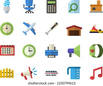 Color flat icon set meashuring cup flat vector, blender, fence, fireplace, warehouse, calendar, mouthpiece, massage, clock, magnifier, office chair, printer, energy saving lamp fector, calculator