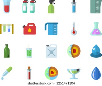 Color flat icon set meashuring cup flat vector, temperature, soda, pulverizer, drop, canister, glass bottles, pipette, blood test, ampoule, flask, beakers, core of the earth fector, cocktail