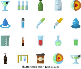 Color flat icon set meashuring cup flat vector, sauce, lemonade, cocktail, soda, coffe, drop, glass bottles, pipette, blood test, ampoule, flask, beakers, core of the earth fector