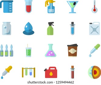 Color flat icon set meashuring cup flat vector, temperature, cocktail, soda, coffe, pulverizer, drop, canister, glass bottles, pipette, blood test, ampoule, flask, beakers, core of the earth fector