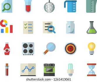 Color flat icon set meashuring cup flat vector, electric stove, induction cooker, ketchup, chemistry, glass bottles, statistics, blood test, magnifier, point diagram, to do list, bulb, disco ball