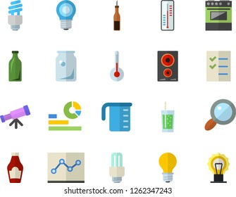 Color flat icon set meashuring cup flat vector, electric stove, induction cooker, temperature, ketchup, sauce, soda, thermometer, lamp, glass bottles, magnifier, statistics, point diagram, telescope