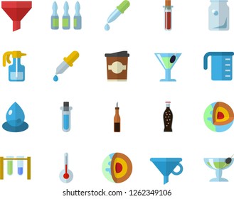 Color flat icon set meashuring cup flat vector, temperature, sauce, lemonade, cocktail, coffe, pulverizer, drop, glass bottles, funnel, pipette, blood test, ampoule, beakers