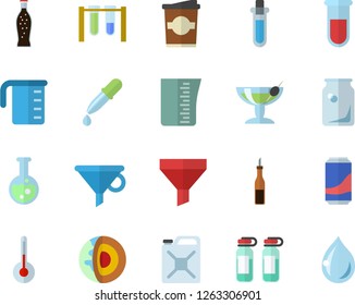 Color flat icon set meashuring cup flat vector, temperature, sauce, lemonade, coffe, canister, glass bottles, funnel, pipette, blood test, ampoule, flask, beakers, core of the earth fector, cocktail