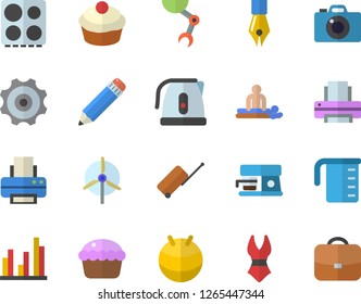 Color flat icon set meashuring cup flat vector, electric kettle, stove, coffee machine, cupcake, massage, statistic, ink pen, printer, pencil, robot hand, cogwheel, windmill, fitball, swimsuit