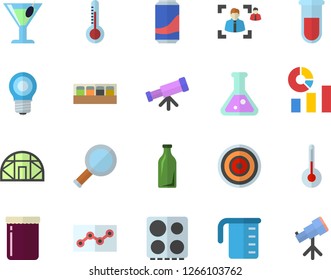 Color flat icon set meashuring cup flat vector, electric stove, induction cooker, spice, temperature, lemonade, cocktail, jam, thermometer, greenhouse, lamp, glass bottles, statistics, blood test