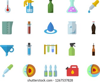 Color flat icon set meashuring cup flat vector, temperature, sauce, lemonade, pulverizer, drop, canister, glass bottles, funnel, pipette, blood test, ampoule, flask, beakers