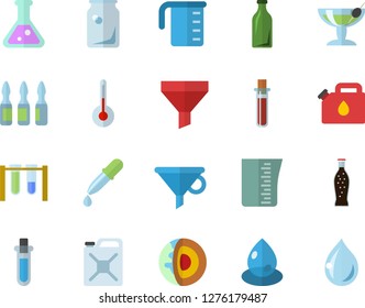Color flat icon set meashuring cup flat vector, temperature, lemonade, drop, canister, glass bottles, funnel, pipette, blood test, ampoule, flask, beakers, core of the earth fector, cocktail