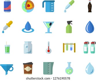Color flat icon set meashuring cup flat vector, temperature, lemonade, cocktail, soda, coffe, pulverizer, drop, glass bottles, funnel, pipette, ampoule, flask, beakers, core of the earth fector