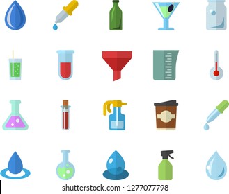 Color flat icon set meashuring cup flat vector, temperature, cocktail, soda, coffe, pulverizer, drop, glass bottles, funnel, pipette, blood test, flask