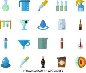 Color flat icon set meashuring cup flat vector, temperature, sauce, lemonade, cocktail, coffe, pulverizer, drop, glass bottles, funnel, pipette, blood test, ampoule, flask, beakers