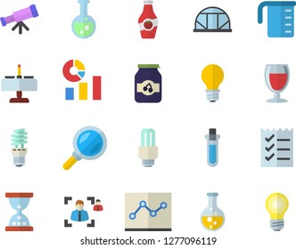 Color flat icon set meashuring cup flat vector, wine, jam, ketchup, greenhouse, chemistry, lamp, energy saving, magnifier, statistics, recruitment, point diagram, to do list, flask, fector, beakers