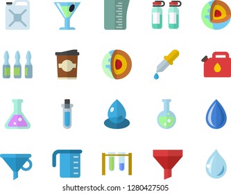 Color flat icon set meashuring cup flat vector, cocktail, coffe, drop, canister, funnel, pipette, ampoule, flask, beakers, core of the earth fector