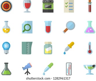 Color flat icon set meashuring cup flat vector, electric stove, induction cooker, wine, thermometer, chemistry, lamp, pipette, blood test, medical analysis, magnifier, to do list, flask, telescope